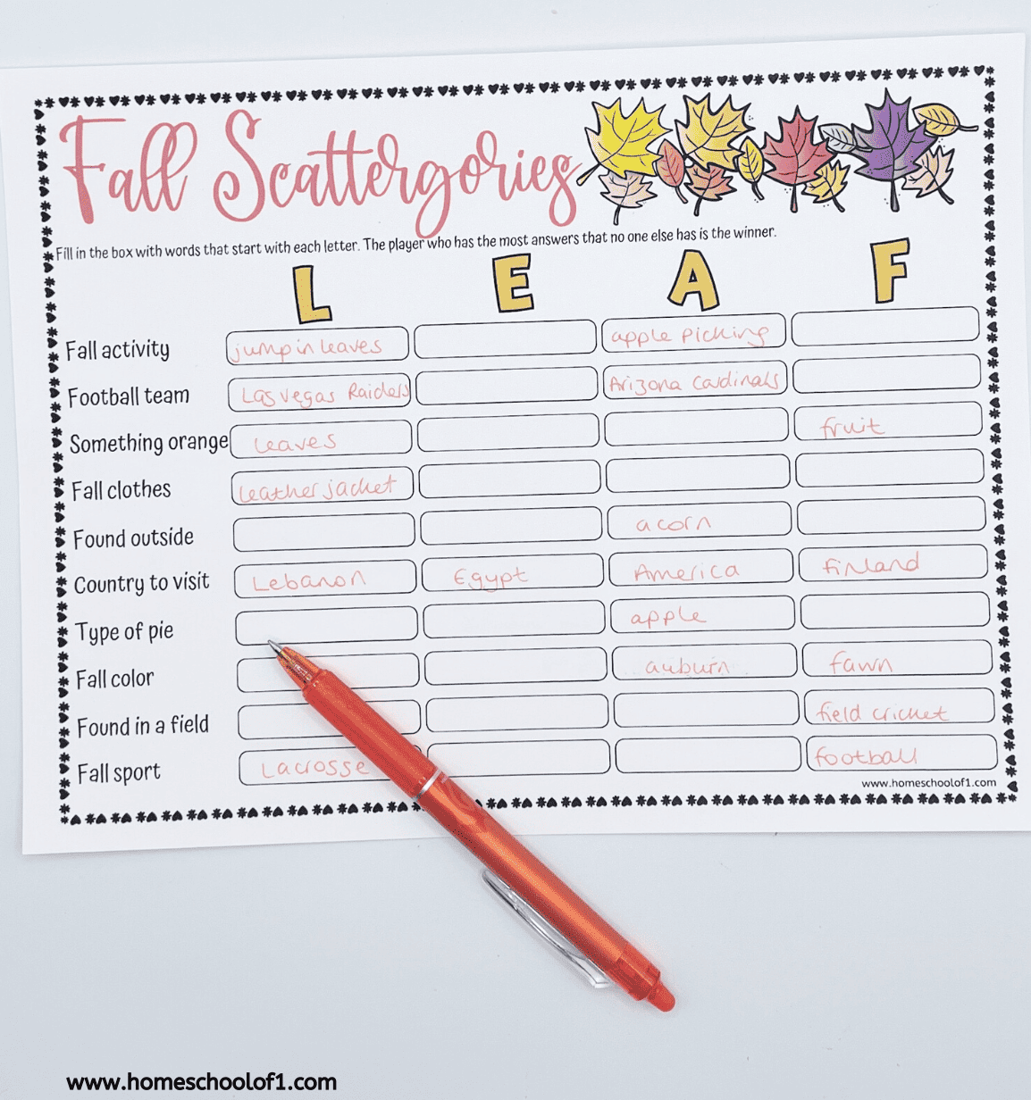 leaf scattergory board
