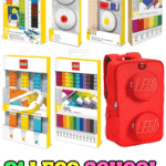 Collection of LEGO school supplies including colorful gel pens, rulers, erasers, highlighters, stationery, and a red LEGO backpack.