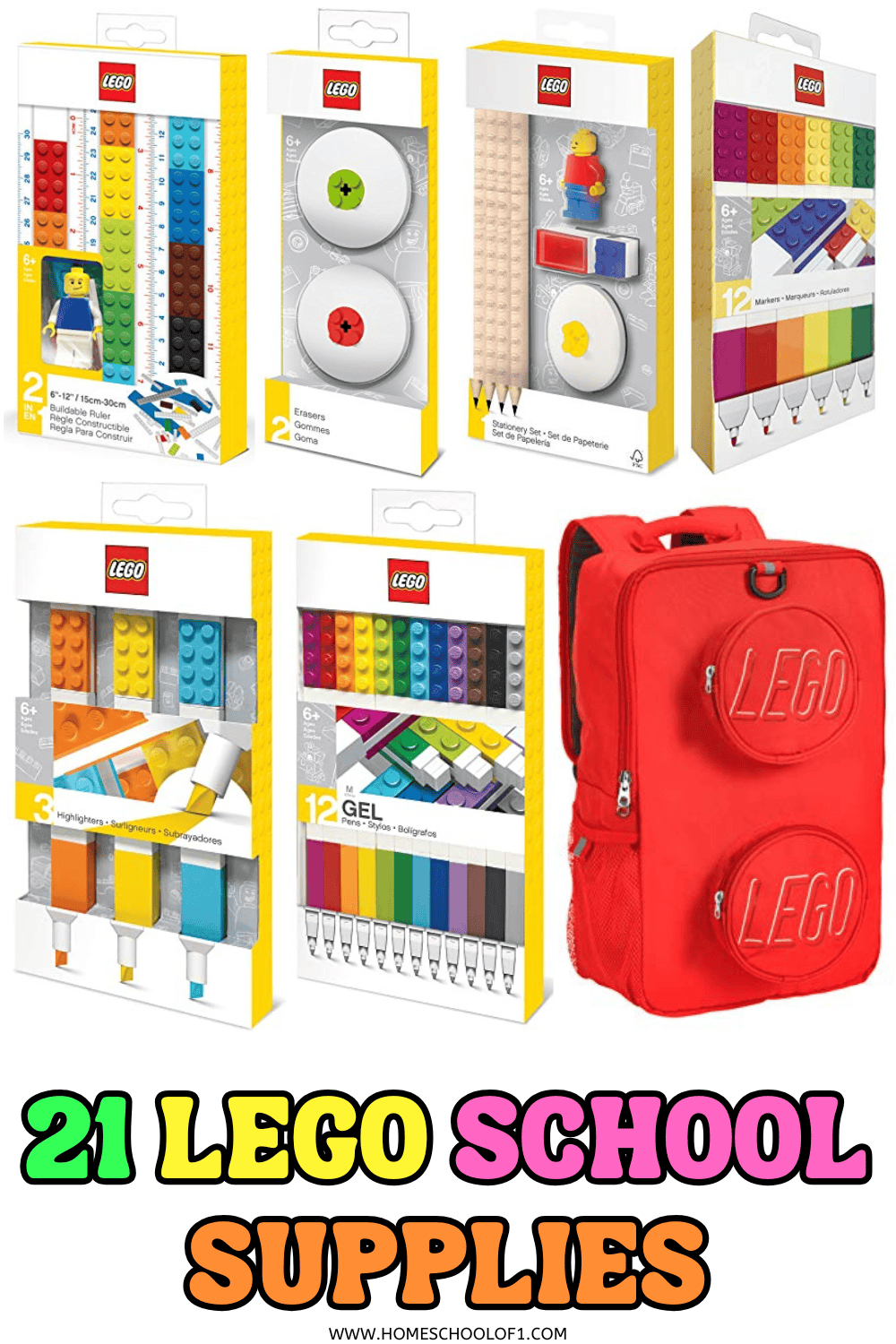 Collection of LEGO school supplies including colorful gel pens, rulers, erasers, highlighters, stationery, and a red LEGO backpack.

