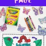 purple banner with pink writing: life cycle of a butterfly coloring page below is a completed coloring page surrounded by crayons and butterflies