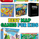 A colorful collage of educational board games for kids focused on geography and maps. Games include "Country Quest," "Mapology World," "USA Map Puzzle," "Race Across the USA," "Ticket to Ride: First Journey," "The World Game" (card and board versions), and the "U.S.A. License Plate Game." Bold, playful text in the center reads "Best Map Games for Kids" with the website homeschoolof1.com at the bottom.