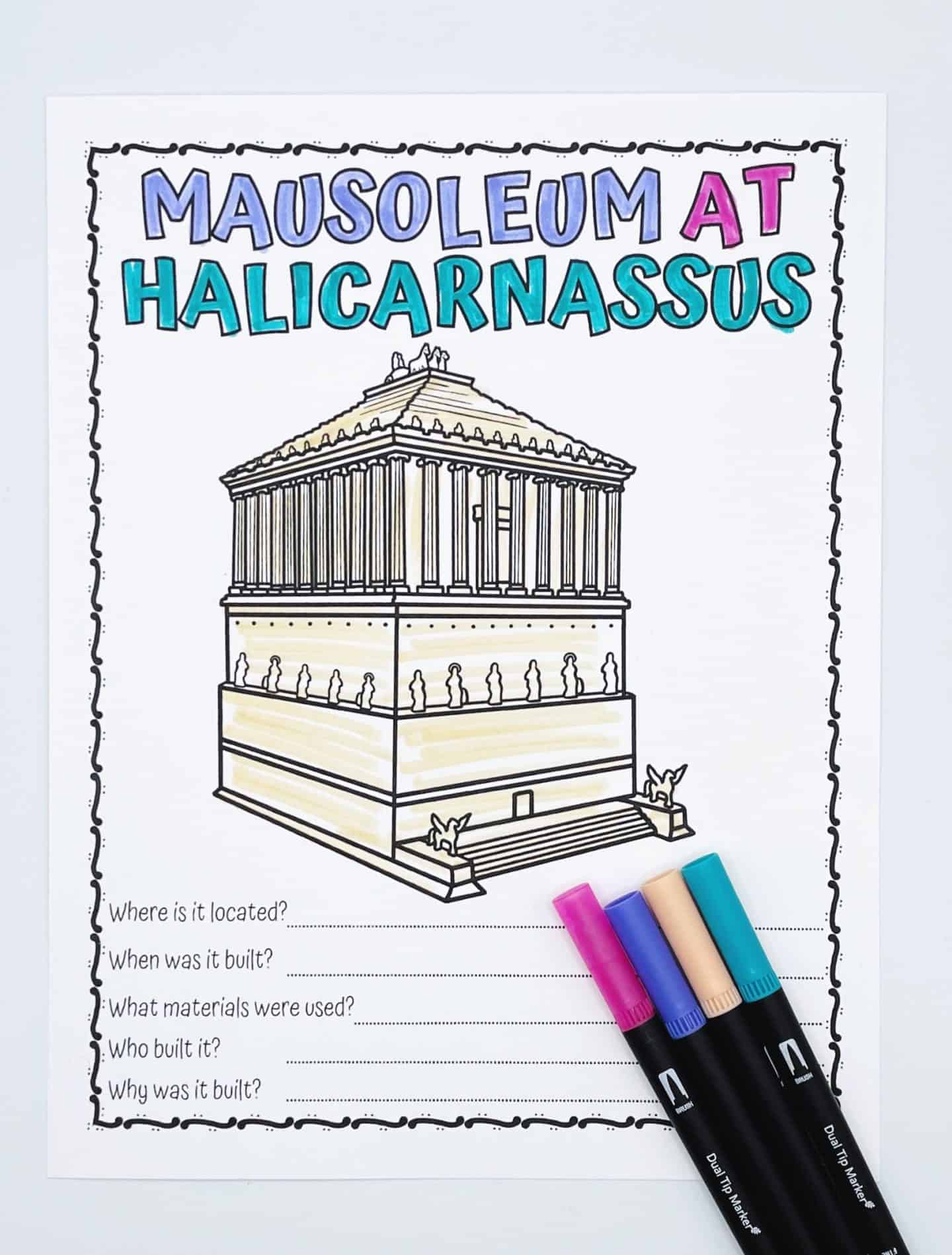 Partially colored worksheet titled “Mausoleum at Halicarnassus,” showing a line drawing of the structure with sections shaded in beige, and colorful markers (pink, purple, peach, teal) beside it. Includes five short-answer questions about its history and construction.