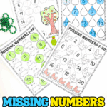 Set of four missing numbers 1โ20 worksheets for kindergarten with apple, frog, raindrop, and chicken themes.