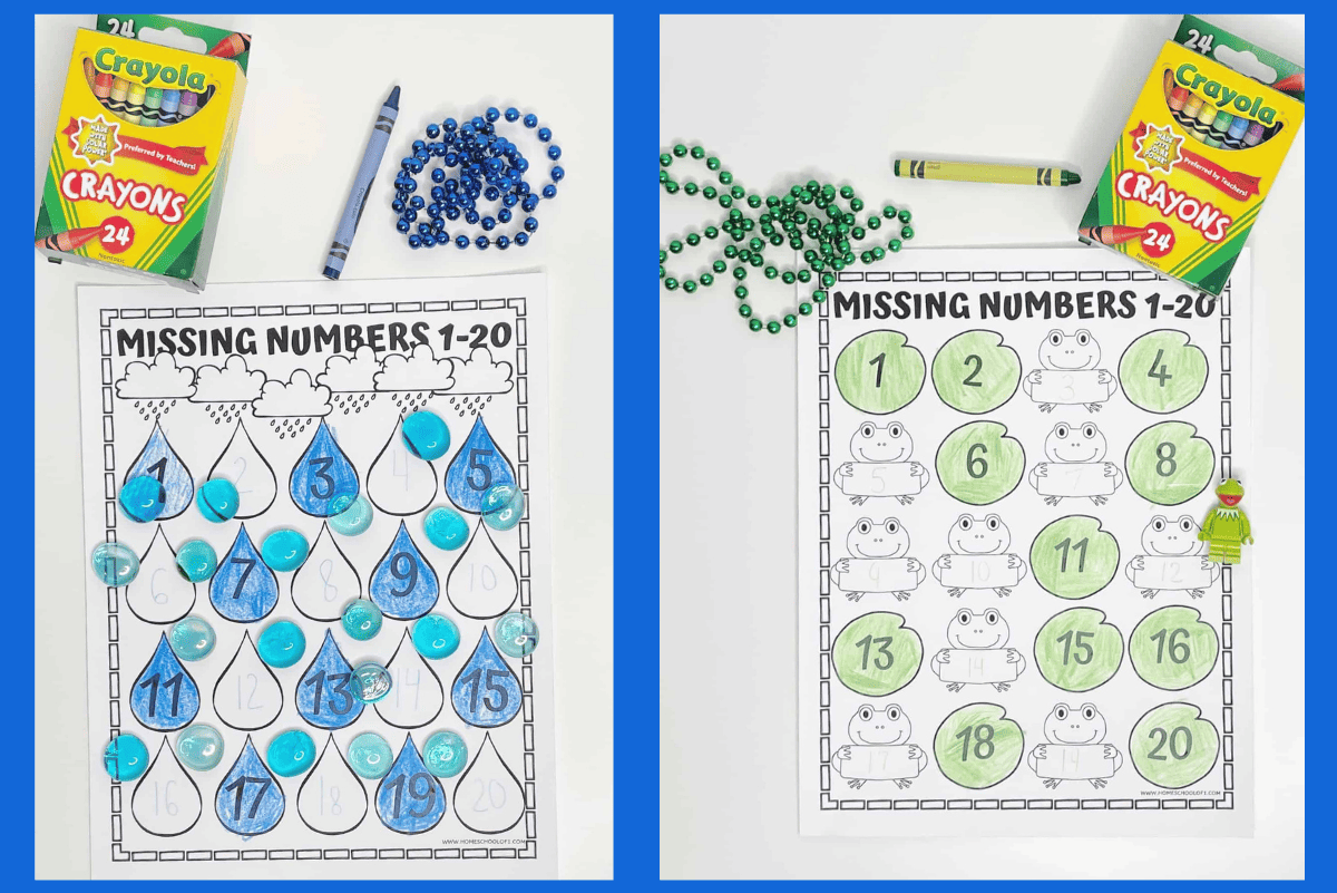 Two “Missing Numbers 1–20” worksheets for kindergarten are displayed side by side. The left sheet features blue raindrops numbered from 1 to 20 with some missing numbers to be filled in, while the right sheet uses frogs and green lily pads for the same activity. Each page is accompanied by Crayola crayons and colorful bead strings, creating a playful learning environment.