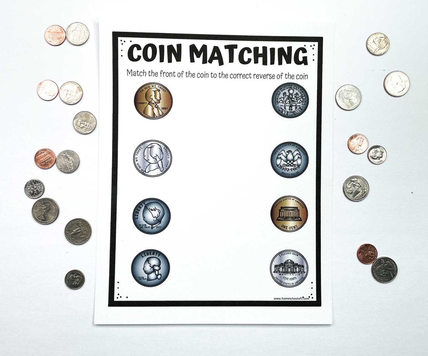 A “Coin Matching” worksheet designed to help kids learn U.S. coin recognition, with four coins on the left showing the heads (front) and four coins on the right showing the tails (reverse). Students are instructed to match the front of the coin to its correct reverse. Real coins are scattered around the worksheet, adding a tactile element to the activity.