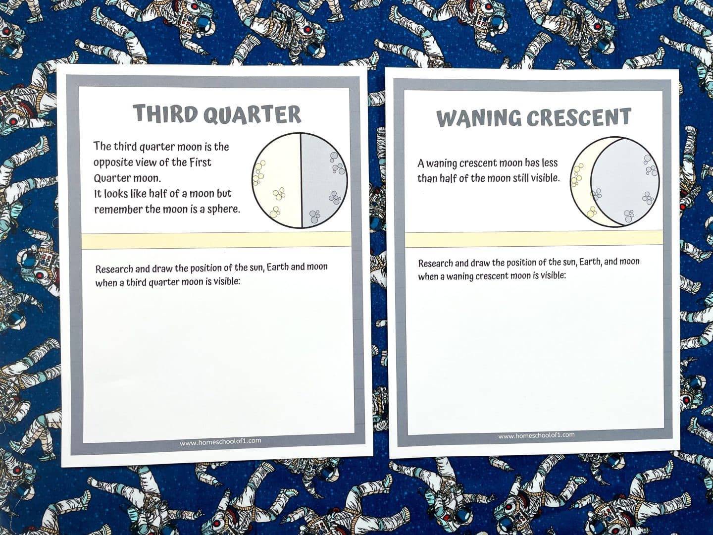 Two moon phase worksheets on a dark blue background decorated with astronaut illustrations. The left worksheet, titled "Third Quarter," describes this moon phase as the opposite view of the First Quarter moon, appearing as half a moon. It prompts students to draw the positions of the sun, Earth, and moon. The right worksheet, "Waning Crescent," explains that this phase shows less than half of the moon still visible, and also includes a research and drawing activity.