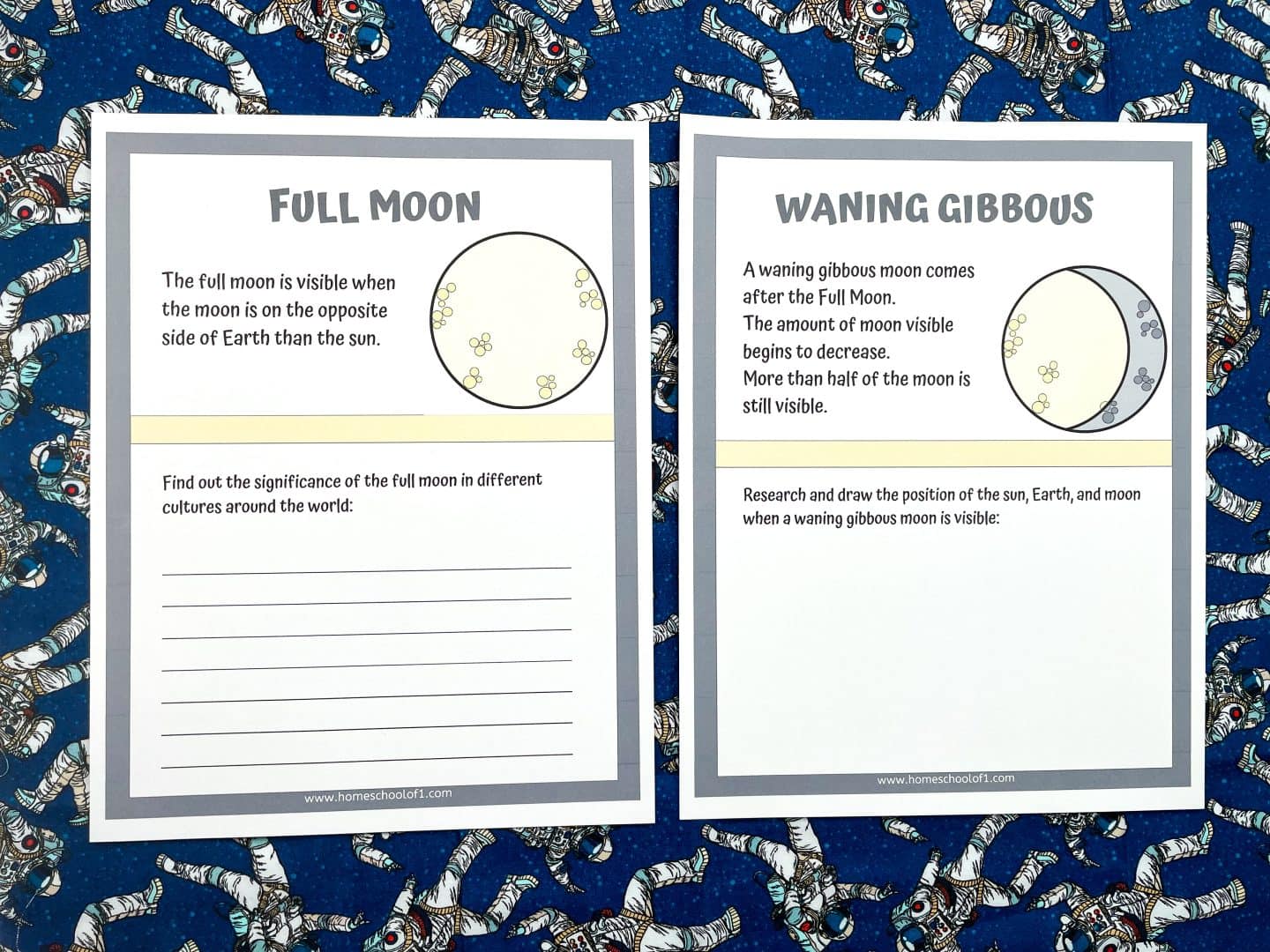 Two educational moon phase worksheets laid on a dark blue background with astronaut graphics. The left worksheet is titled "Full Moon" and explains that the full moon is visible when the moon is on the opposite side of the Earth from the sun. It prompts students to explore the cultural significance of the full moon. The right worksheet is labeled "Waning Gibbous" and describes this phase as occurring after the full moon, when the visible portion of the moon begins to decrease, but more than half is still visible. Students are asked to research and draw the positions of the sun, Earth, and moon.