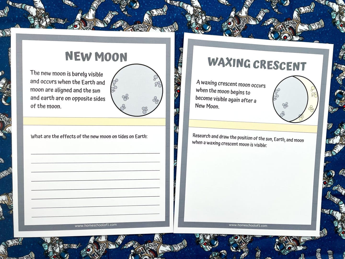 Two educational moon phase worksheets laid on a blue astronaut-themed background. The left worksheet is titled "New Moon" and explains that a new moon is barely visible and occurs when the Earth and moon are aligned with the sun on the opposite side. It includes lines for students to answer the question, "What are the effects of the new moon on tides on Earth?" The right worksheet is titled "Waxing Crescent" and describes this phase as the time when the moon starts becoming visible again after a new moon, with a prompt for students to research and draw the positions of the sun, Earth, and moon