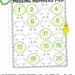Frog-themed missing numbers 1 to 20 worksheet for kindergarten with green lily pads and crayons.