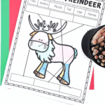 Colored parts of a reindeer worksheet placed on red and green paper with text overlay reading “Parts of a Reindeer Worksheet.”