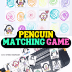 Printable penguin matching game for kids featuring colorful swirl-backed cards and cute penguin illustrations being cut out on a paper trimmer, perfect for preschool memory practice.
