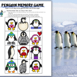 Printable penguin memory game sheet featuring twelve cartoon penguins with different accessories and poses, such as scarves, earmuffs, heart balloons, and snowboards. The sheet is set against a snowy backdrop with real emperor penguins standing on ice in the background.