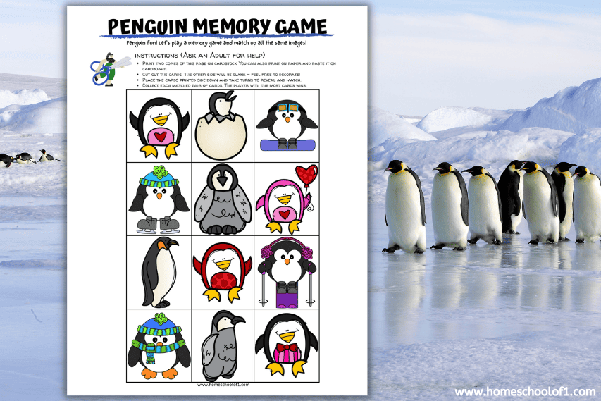 Printable penguin memory game sheet featuring twelve cartoon penguins with different accessories and poses, such as scarves, earmuffs, heart balloons, and snowboards. The sheet is set against a snowy backdrop with real emperor penguins standing on ice in the background.