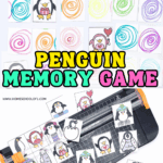 Printable penguin memory game featuring colorful swirl-backed cards and cute penguin illustrations being cut out on a paper trimmer, a fun winter matching game for kids.
