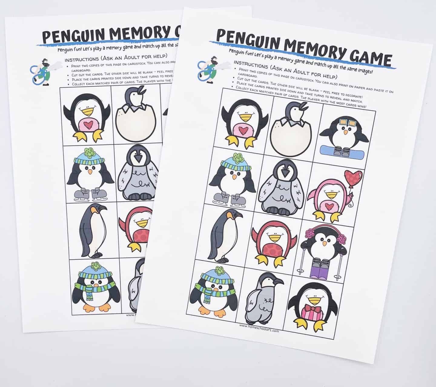 Two printed sheets of a penguin memory game featuring twelve pairs of cartoon penguins with different outfits and poses, such as wearing earmuffs, holding a heart balloon, or snowboarding. Instructions at the top explain how to cut, decorate, and play the matching game, encouraging kids to find pairs.