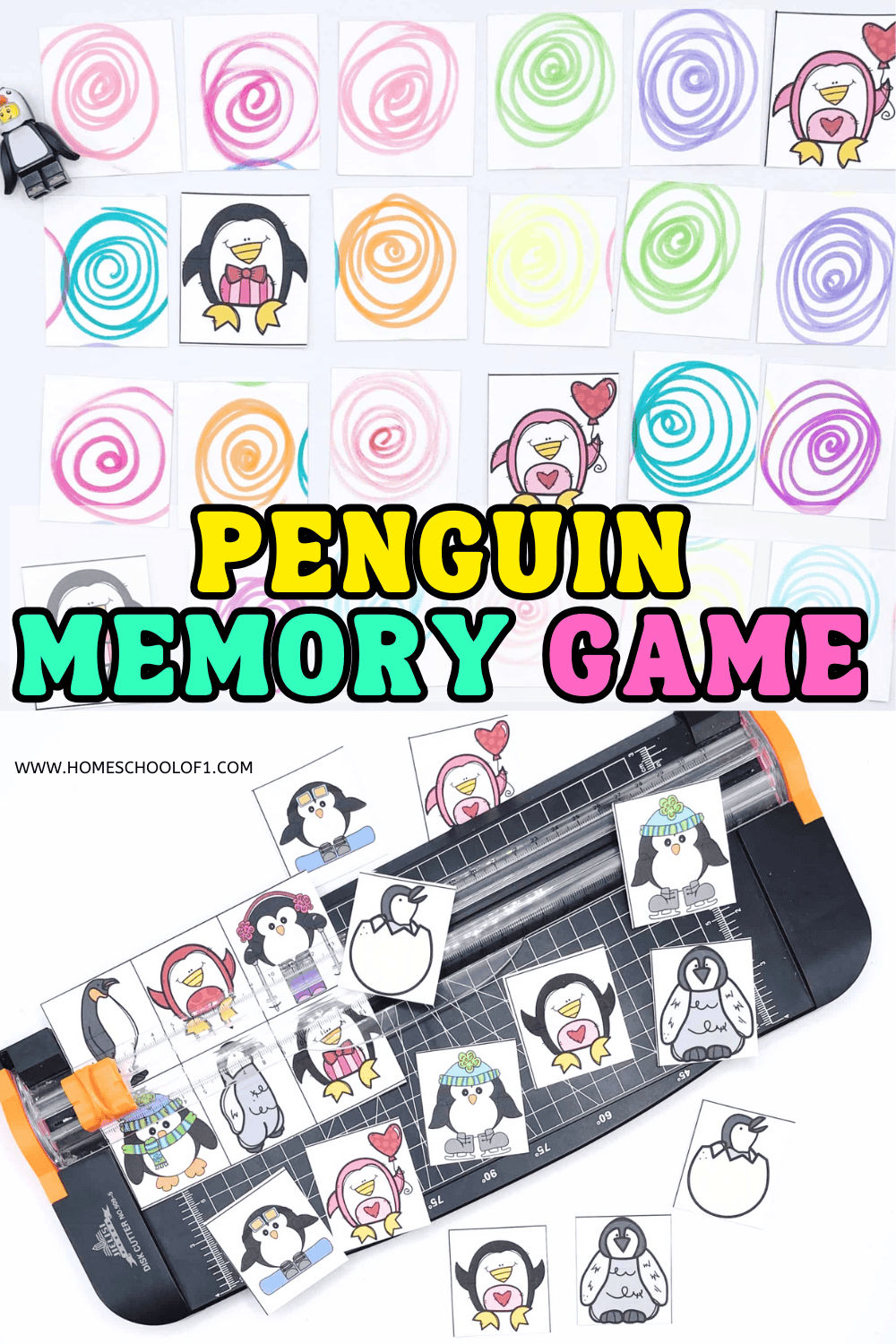 Printable penguin memory game featuring colorful swirl-backed cards and cute penguin illustrations being cut out on a paper trimmer, a fun winter matching game for kids.