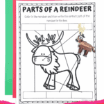 Printable reindeer labeling worksheet with sections to write body parts, shown with LEGO reindeer on red and green background.