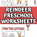 Fun reindeer preschool worksheets showing color by number, writing, alphabet maze, and holiday tracing pages.