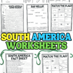 Printable South America worksheets for kids featuring word search, word scramble, fact sheet, map, flags, and greetings activity.