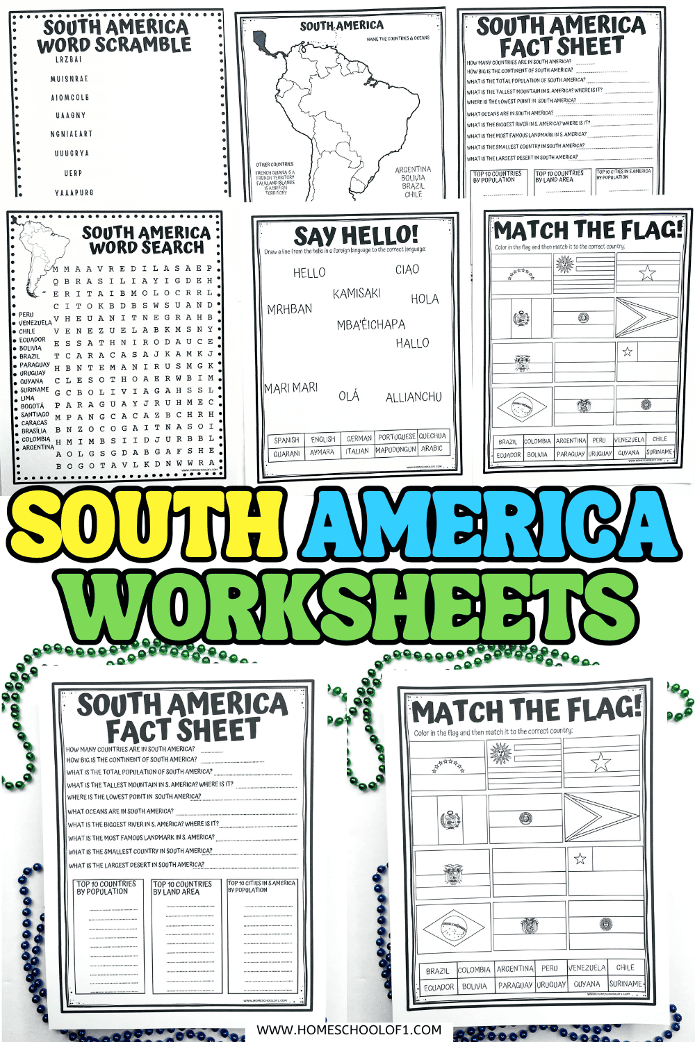 Printable South America worksheets for kids featuring word search, word scramble, fact sheet, map, flags, and greetings activity.

