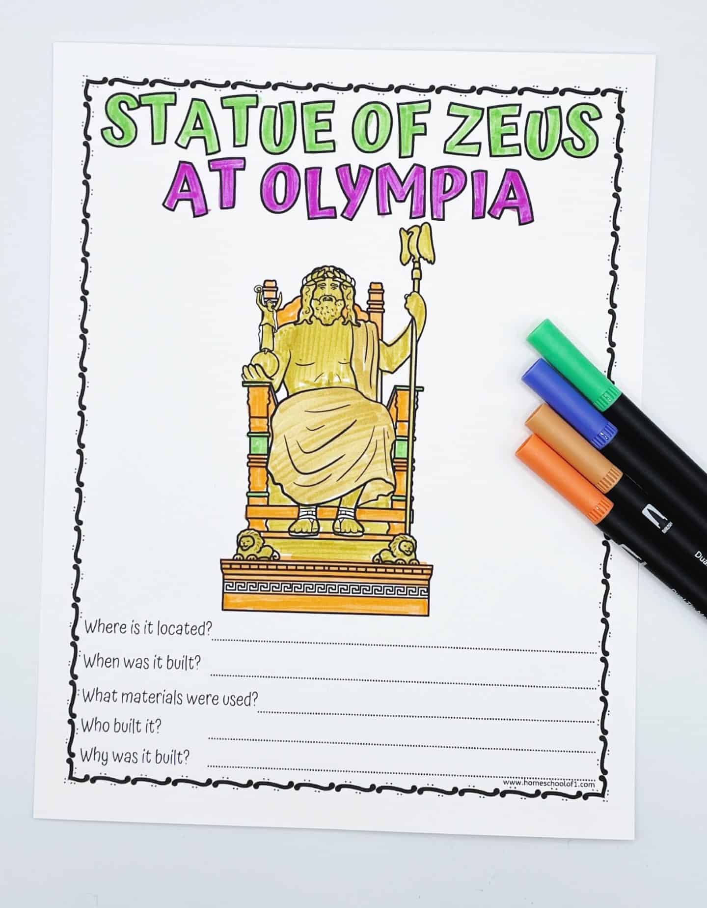 Worksheet titled “Statue of Zeus at Olympia” with a colored image of Zeus seated on a throne and five related questions underneath.