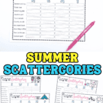 A collage of four different "Summer Scattergories" game boards with the words SAND, HEAT, SWIM, and CAMP used as the starting letters. Each board has blank lines for players to fill in themed answers like ice cream flavor or found in the sea. Bright pens and playful summer icons decorate the sheets, giving the game a light, fun feel.