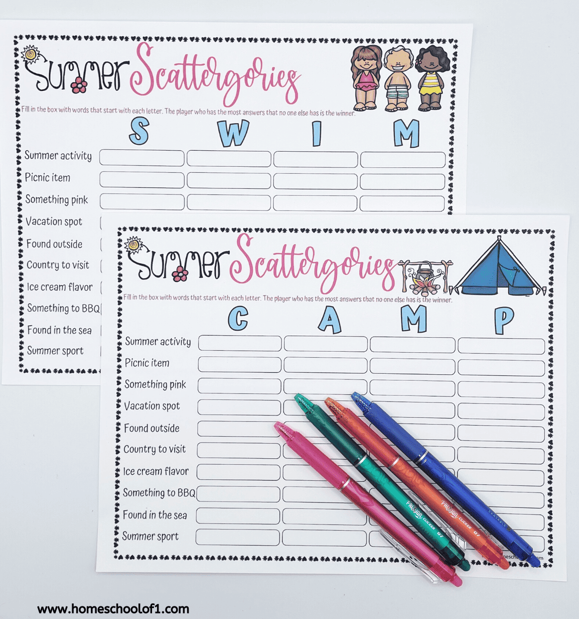 Two blank "Summer Scattergories" game sheets with the words "SWIM" and "CAMP" in large blue letters at the top, each paired with themed clipart—children in swimsuits for "SWIM" and a tent with camping gear for "CAMP." The sheets list summer-themed prompts like “Vacation spot,” “Something to BBQ,” and “Found in the sea.” Colorful pens (pink, green, orange, blue, and purple) are laid across the "CAMP" sheet on a white background. 