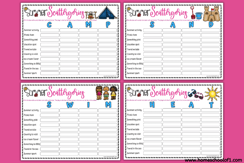 A collage of four blank "Summer Scattergories" game sheets labeled "CAMP," "SAND," "SWIM," and "HEAT," each with themed illustrations like a tent, sandcastle, kids in swimsuits, and sun with sunglasses. The sheets contain identical summer-themed prompts such as “Picnic item,” “Vacation spot,” and “Something to BBQ.” The background is bright pink.