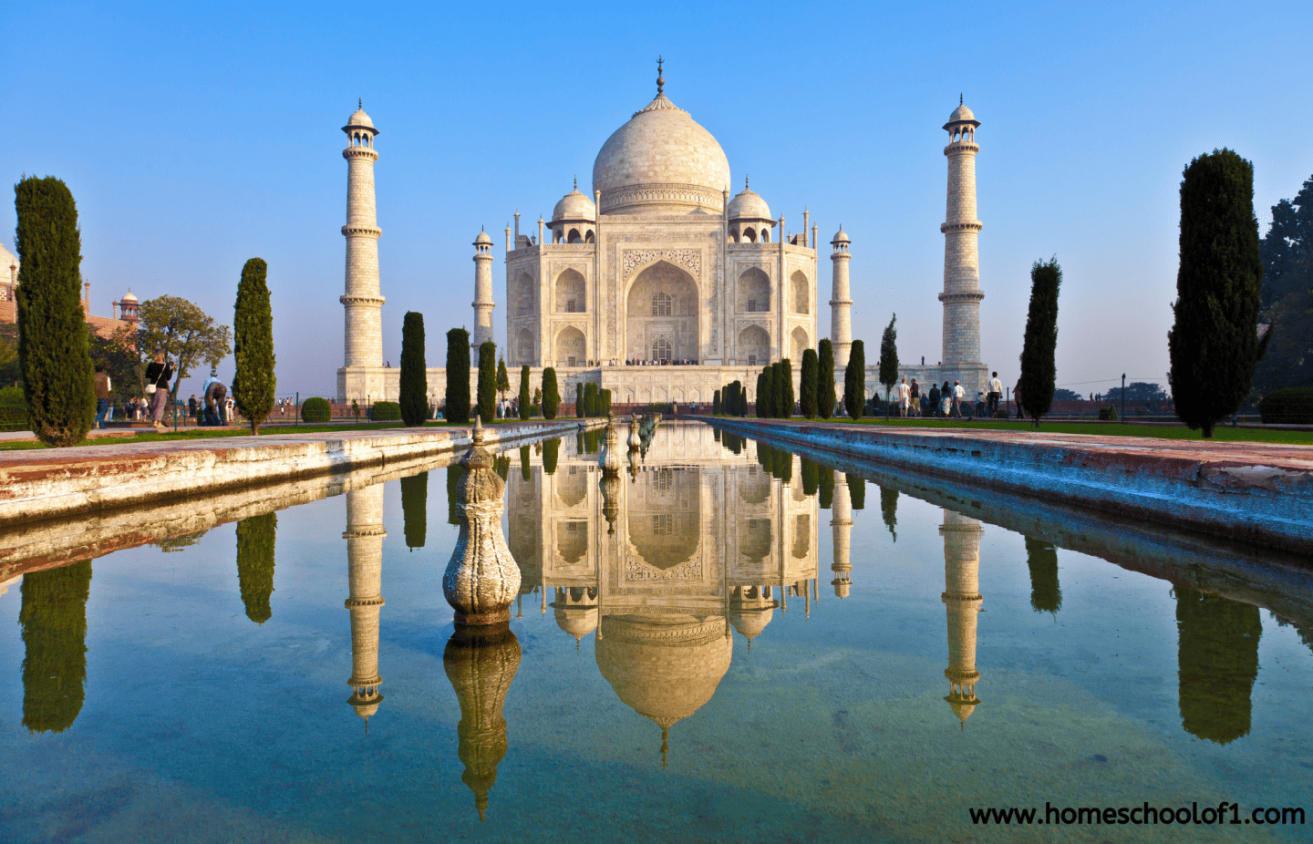 The Taj Mahal in Agra, India, beautifully reflected in the long rectangular pool in front of it on a bright, clear day. The iconic white marble mausoleum stands centered with four towering minarets and symmetrical rows of dark green cypress trees lining the path.