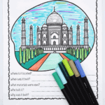 Colorful Taj Mahal-themed educational worksheet for kids, featuring a black-and-white illustration of the monument, partially colored with markers. The worksheet includes questions like “Where is it located?”, “When was it built?”, and “Why was it built?”, with a bright title reading “FREE TAJ MAHAL WORKSHEET” at the bottom.