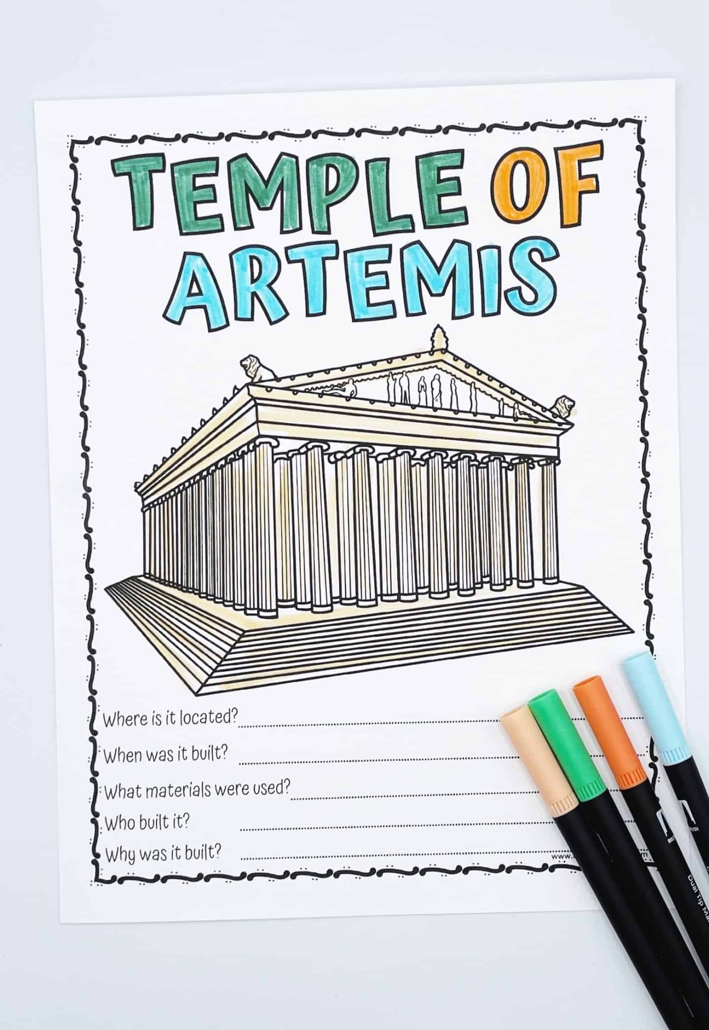 Printable Temple of Artemis worksheet featuring a line drawing of the temple, five research questions, and four colored markers on the side.