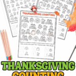 Thanksgiving counting worksheets for preschool and kindergarten with turkeys, pumpkins, and fall-themed images to color and count.