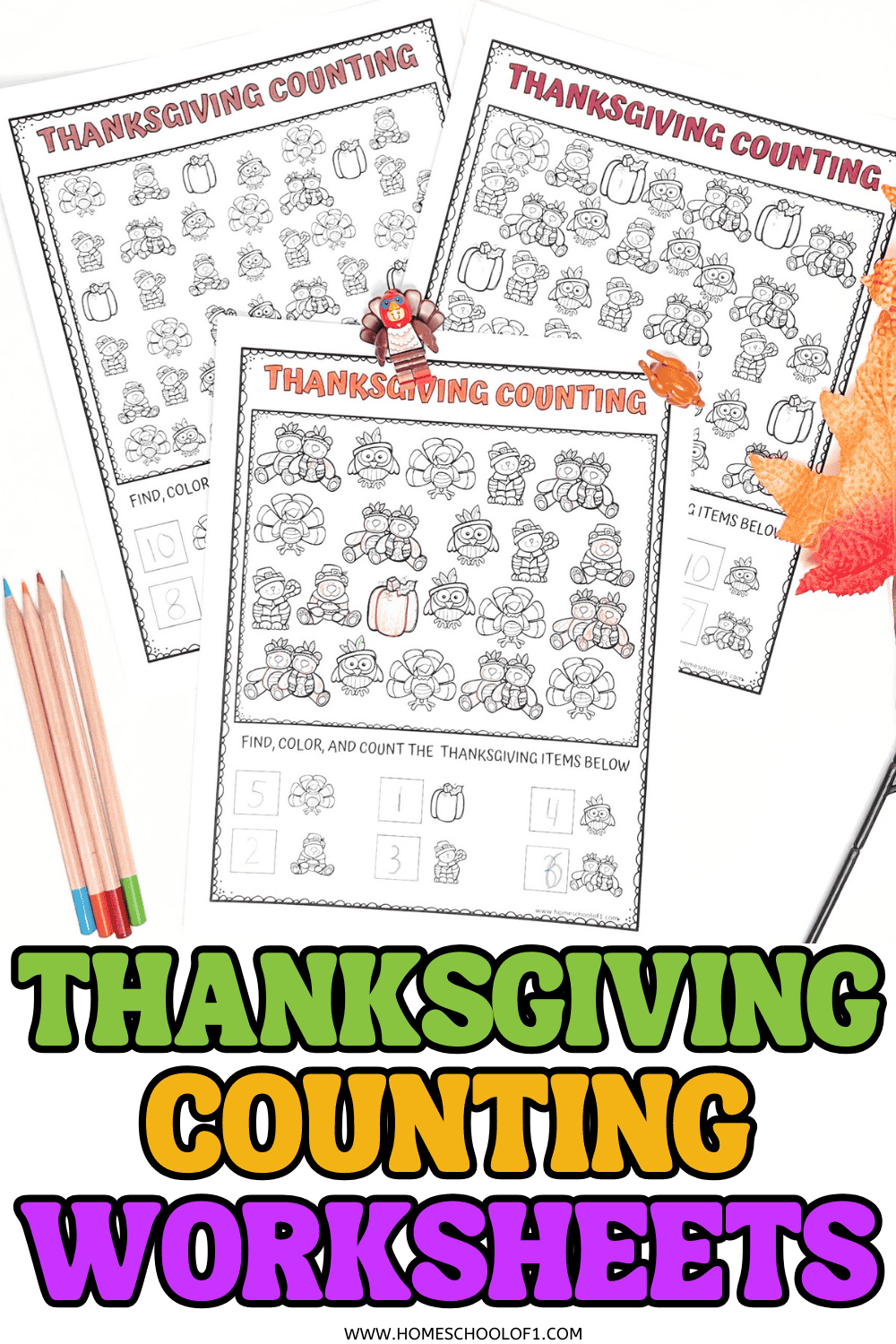 Thanksgiving counting worksheets for preschool and kindergarten with turkeys, pumpkins, and fall-themed images to color and count.