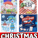 Vertical collage of illustrated elf books for kids, including The Elf on the Shelf, Letters to Santa, Elfie the Elf, and Parker’s Elf with bold text “Christmas Elf Books.”