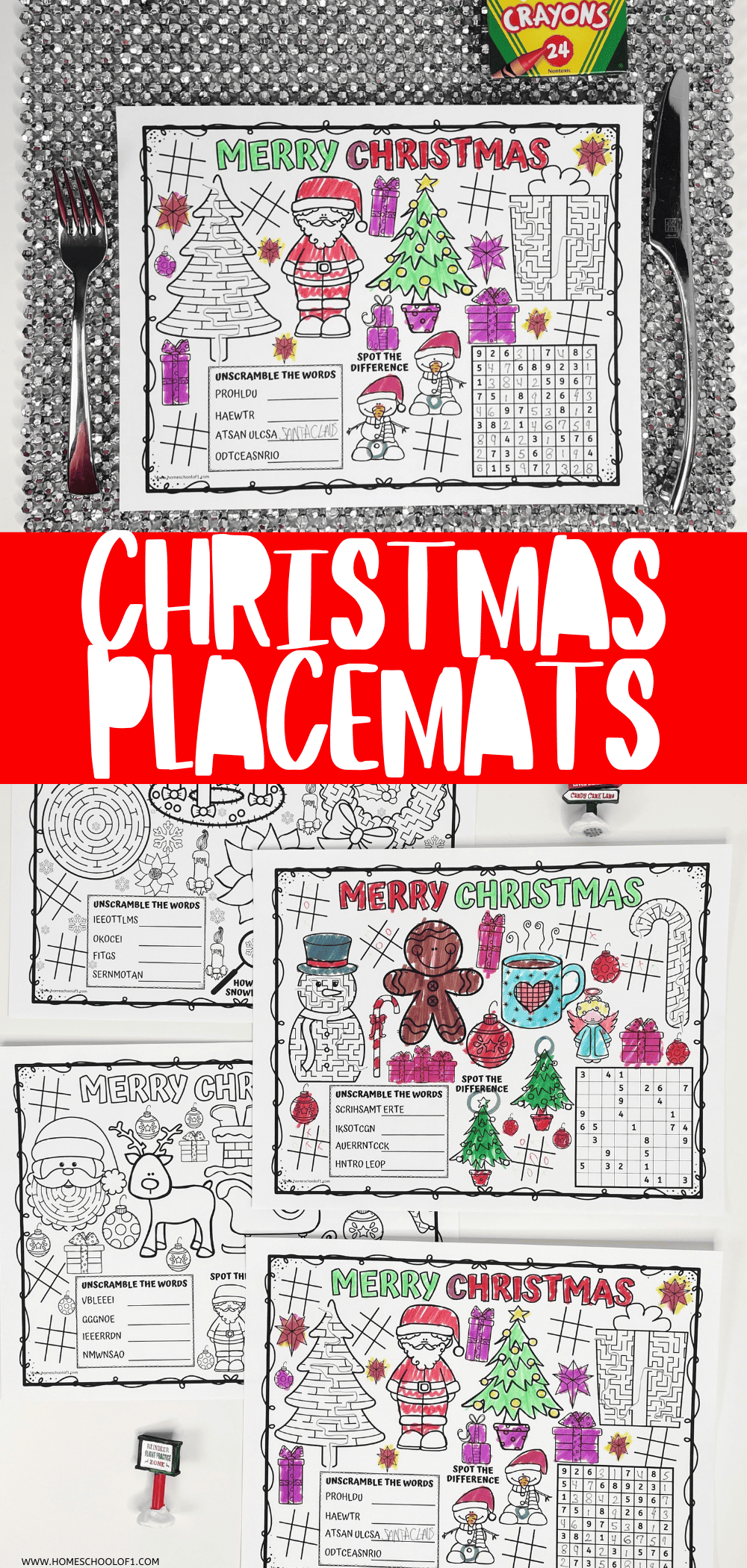 A set of colorful Christmas-themed placemat printables featuring word scrambles, mazes, tic-tac-toe, spot-the-difference, and coloring sections. The top image shows a completed placemat on a sparkly silver table setting with a fork, knife, and a box of Crayola crayons.