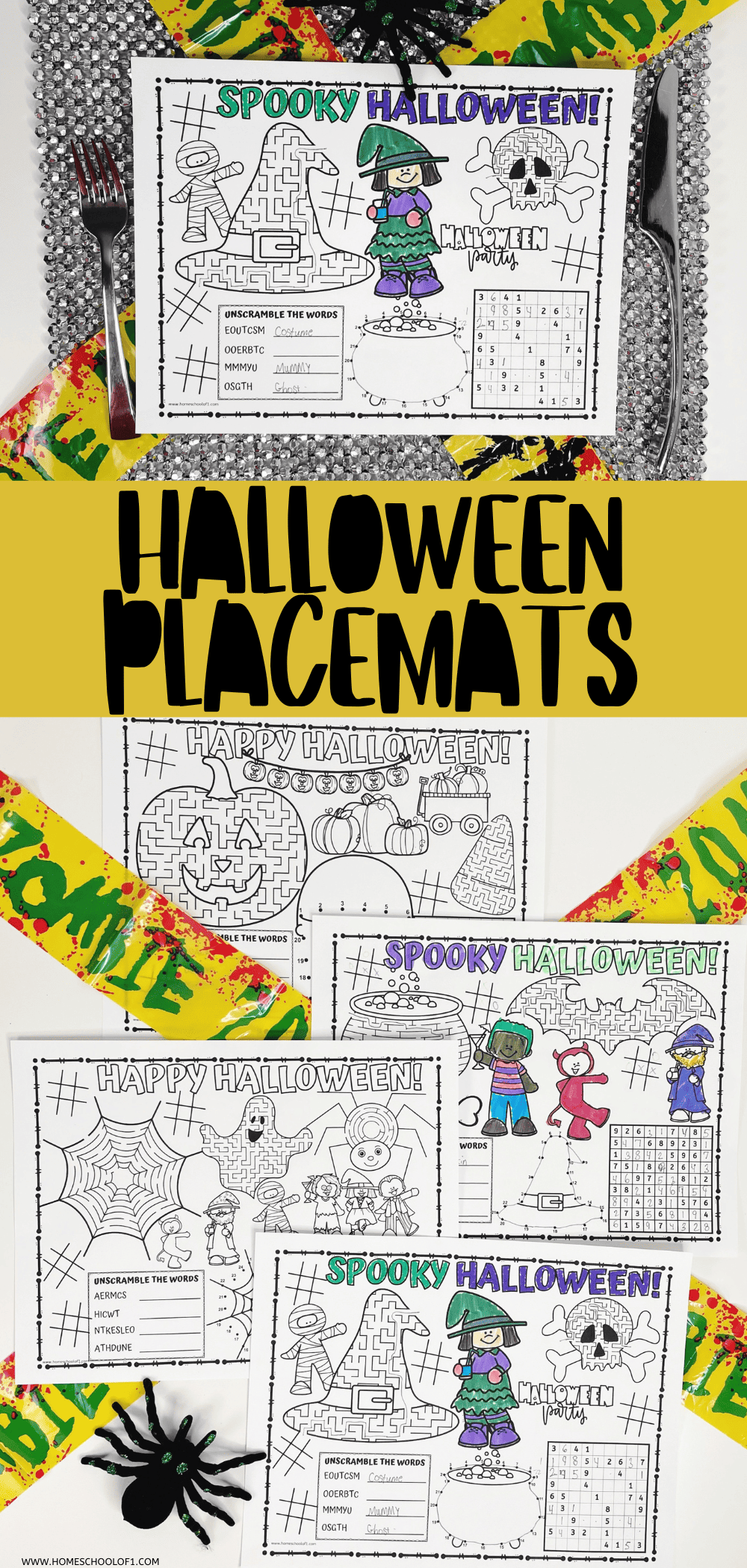Collage of printable Halloween placemats for kids, each featuring festive black-and-white illustrations and puzzles like mazes, word scrambles, and number games. Designs include witches, pumpkins, candy corn, mummies, skeletons, and spiderwebs, with some partially colored using bright markers. Bold text reads “Happy Halloween” and “Spooky Halloween,” styled for fun mealtime activities.
