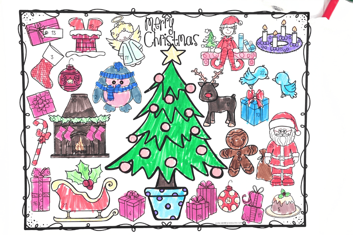 Colored advent calendar coloring page with 25 numbered holiday images, including Santa, a Christmas tree, gifts, reindeer, gingerbread man, and a fireplace.