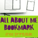 ALL ABOUT ME BOOKMARK printables, showing an uncolored printable and the title "FREE PRINTABLE" in bold green and orange letters. A children's book titled "FREDDIE YOU'RE AMAZING!" and a box of crayons are also visible, suggesting a creative activity for kids.