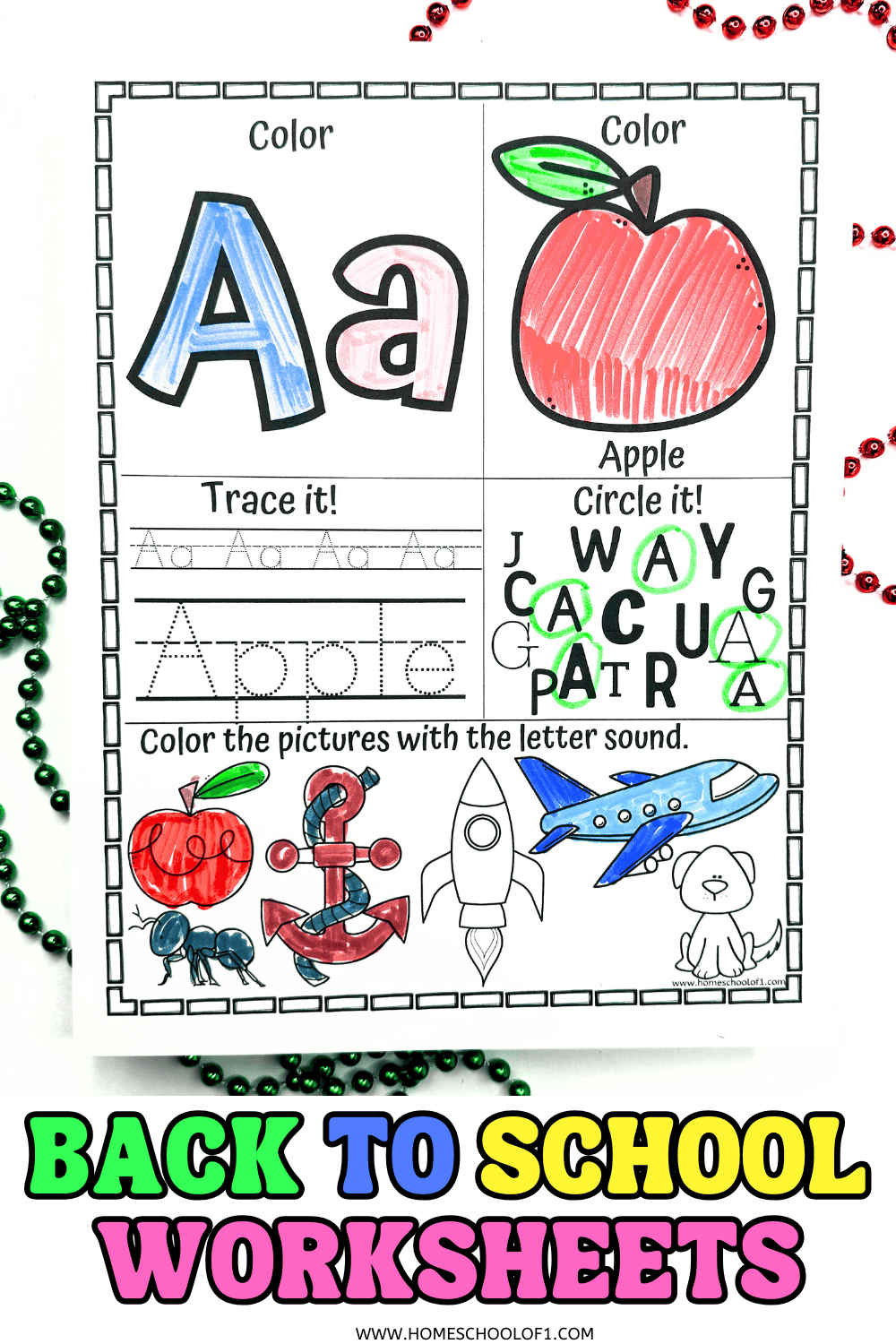 Back to school alphabet printables featuring tracing, coloring, and sound recognition for early learners.