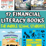 Top financial literacy books for middle school students shown in a colorful collage with bold heading across the center.