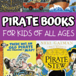 Collage of 15 colorful pirate books for kids, including Pete the Cat and the Treasure Map, How I Became a Pirate, Pirate Stew, and The Pirate Cruncher, under the title 'Pirate Books for Kids of All Ages'