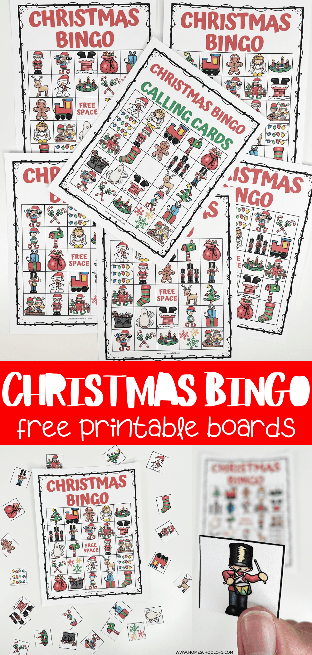 A collection of colorful Christmas Bingo printable boards and calling cards is displayed on a white surface. Each board features festive holiday-themed images like Santa, gingerbread men, ornaments, stockings, presents, and elves arranged in a grid. The words "Christmas Bingo" are written in bold red letters at the top of each board. The bottom section shows cut-out calling cards scattered around and a close-up of a toy soldier card being held. A red banner in the middle reads “Christmas Bingo – Free Printable Boards.”