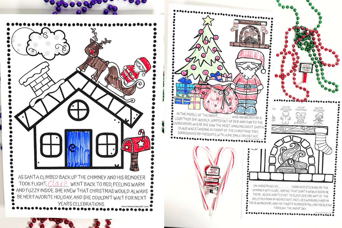 Christmas coloring pages featuring Santa on a rooftop and a girl watching Santa with a decorated tree.