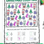 Holiday-themed Christmas counting worksheet with colorful Santa Claus, elves, Christmas trees, stockings, and ornaments to find and count for early learners.