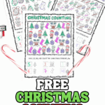 Free Christmas counting worksheet for preschoolers and kindergarteners featuring colorful holiday icons like Santa, trees, stockings, and ornaments to count and color.