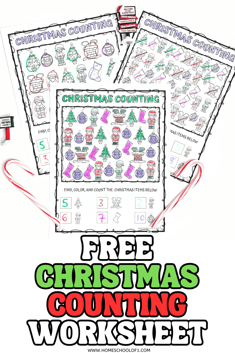 Free Christmas counting worksheet for preschoolers and kindergarteners featuring colorful holiday icons like Santa, trees, stockings, and ornaments to count and color.

