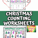 Christmas counting worksheets for preschoolers with colorful holiday-themed items to find, color, and count, including Santas, elves, stockings, and ornaments.