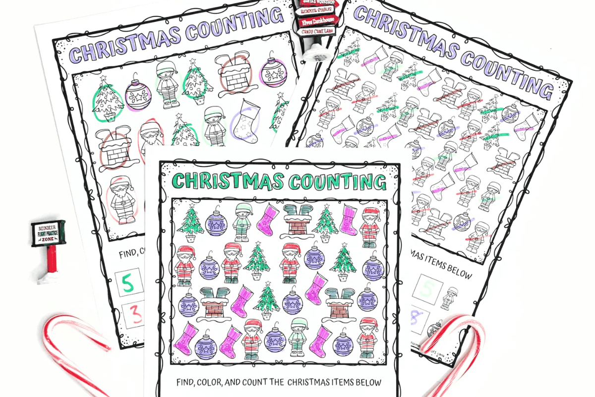 Christmas counting worksheets for kindergarten featuring festive illustrations of Santa, elves, Christmas trees, stockings, and ornaments. Kids find, color, and count each item to practice early math skills and number recognition in a fun holiday activity.