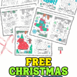 Free Christmas spot the difference coloring pages showing festive holiday scenes with stockings, gifts, and snowmen.
