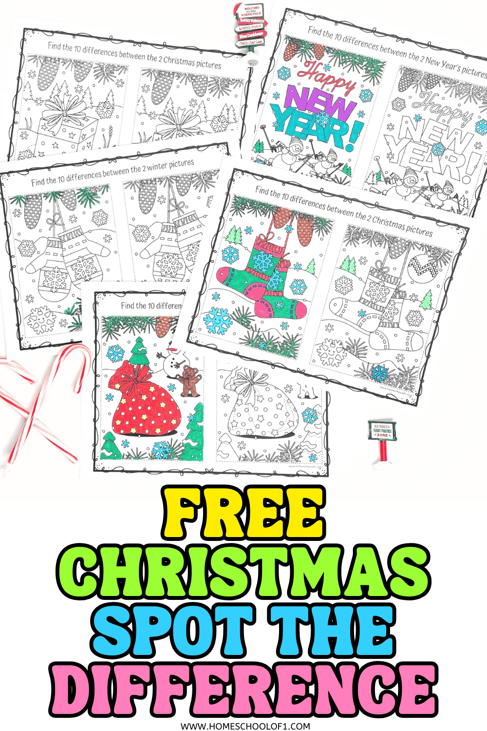 Free Christmas spot the difference coloring pages showing festive holiday scenes with stockings, gifts, and snowmen.